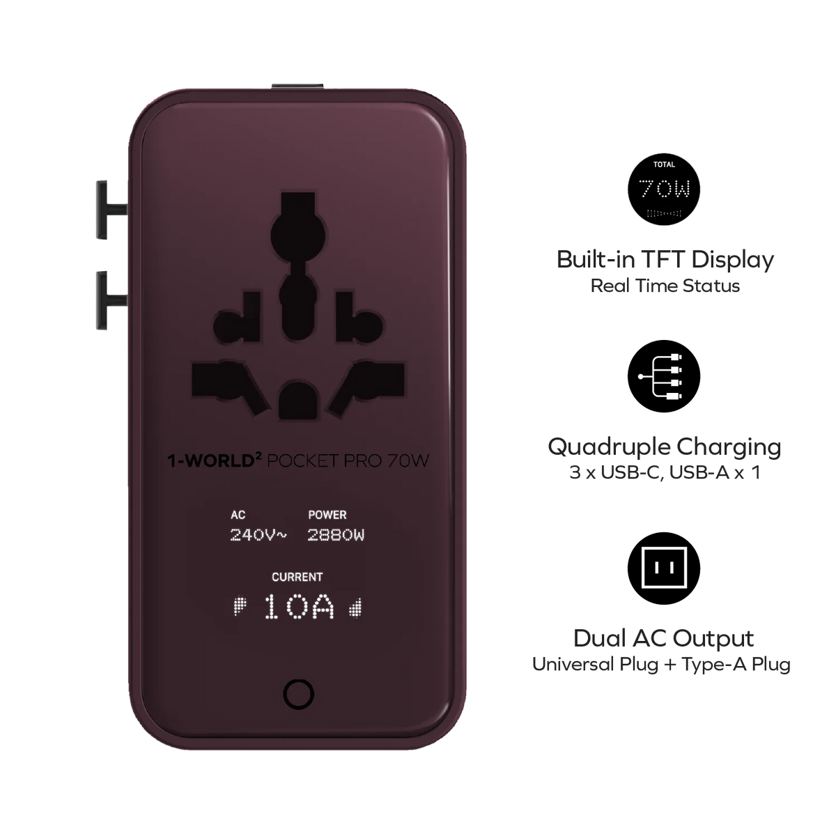 1-World² Pocket Pro 70W 4-Port Dual AC Travel Adapter With TFT Display