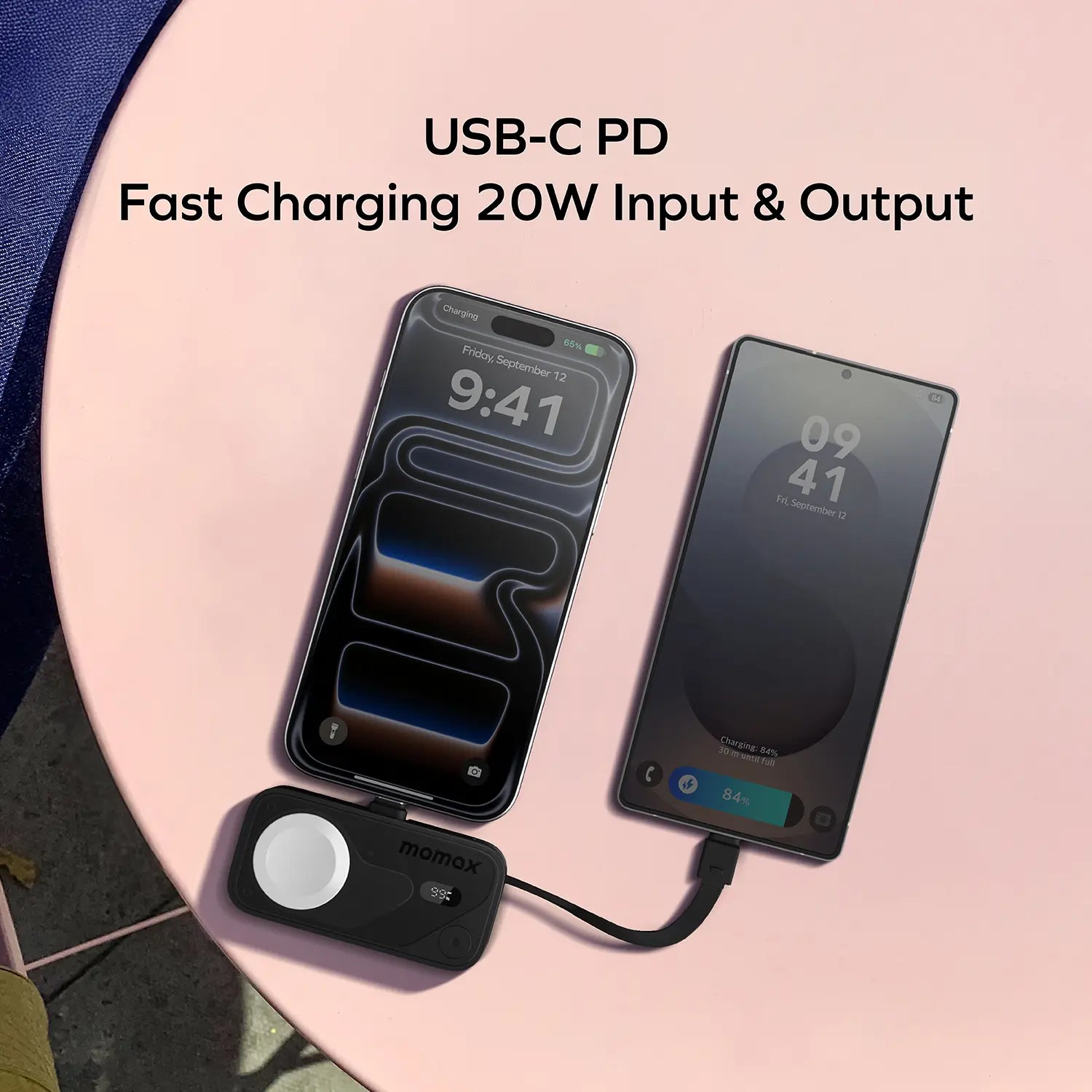1-Power X Pro Mini⁺ 5000mAh Integrated Foldable USB-C Plug and Built-In USB-C Cable Battery Pack with Apple Watch Fast Charger