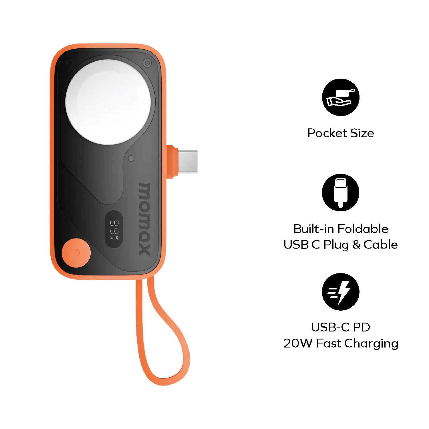 1-Power X Pro Mini⁺ 5000mAh Integrated Foldable USB-C Plug and Built-In USB-C Cable Battery Pack with Apple Watch Fast Charger