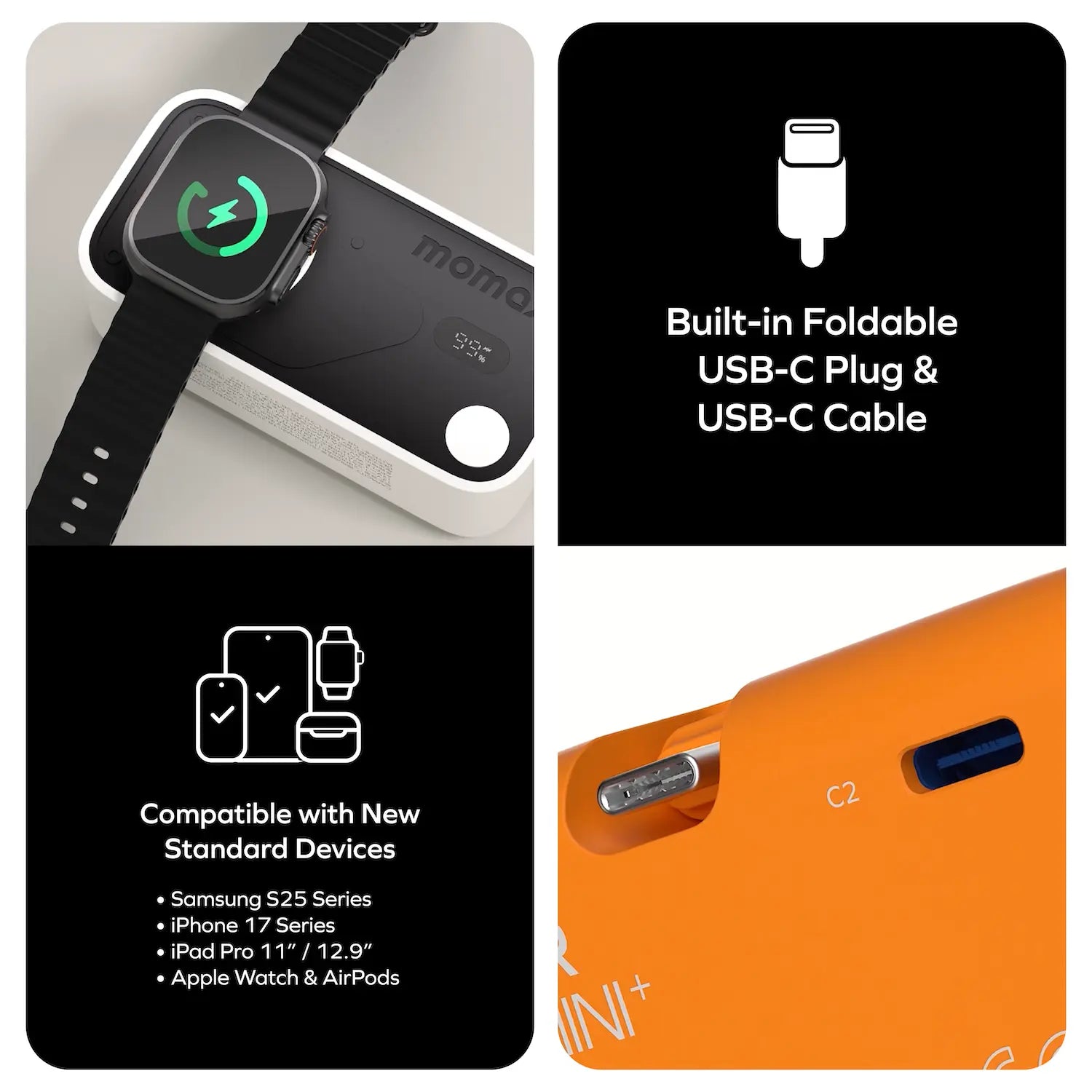 1-Power X Pro Mini⁺ 5000mAh Integrated Foldable USB-C Plug and Built-In USB-C Cable Battery Pack with Apple Watch Fast Charger