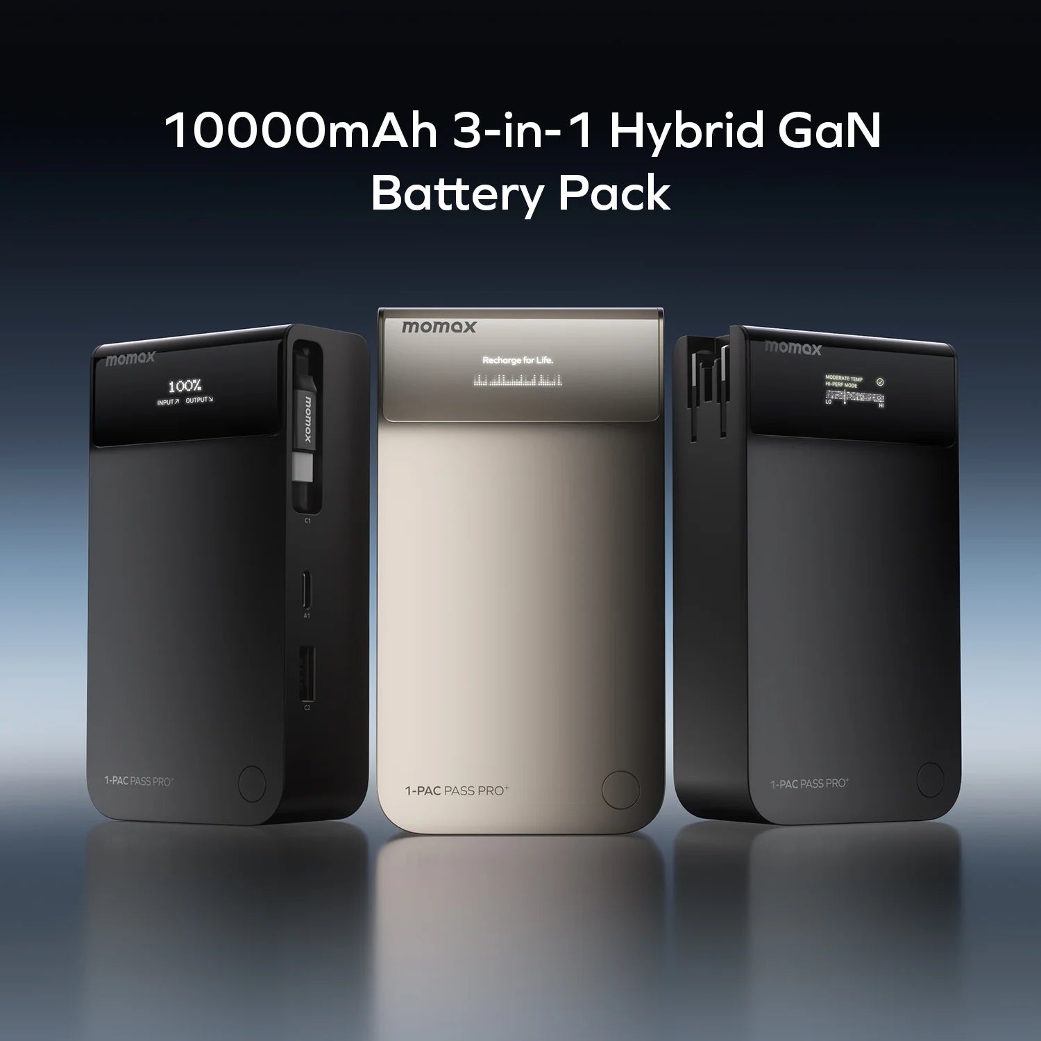 1-Pac Pass Pro⁺ 10000mAh 3in1 Hybrid GaN Battery Pack with Built-In Retractable Cable (45W)