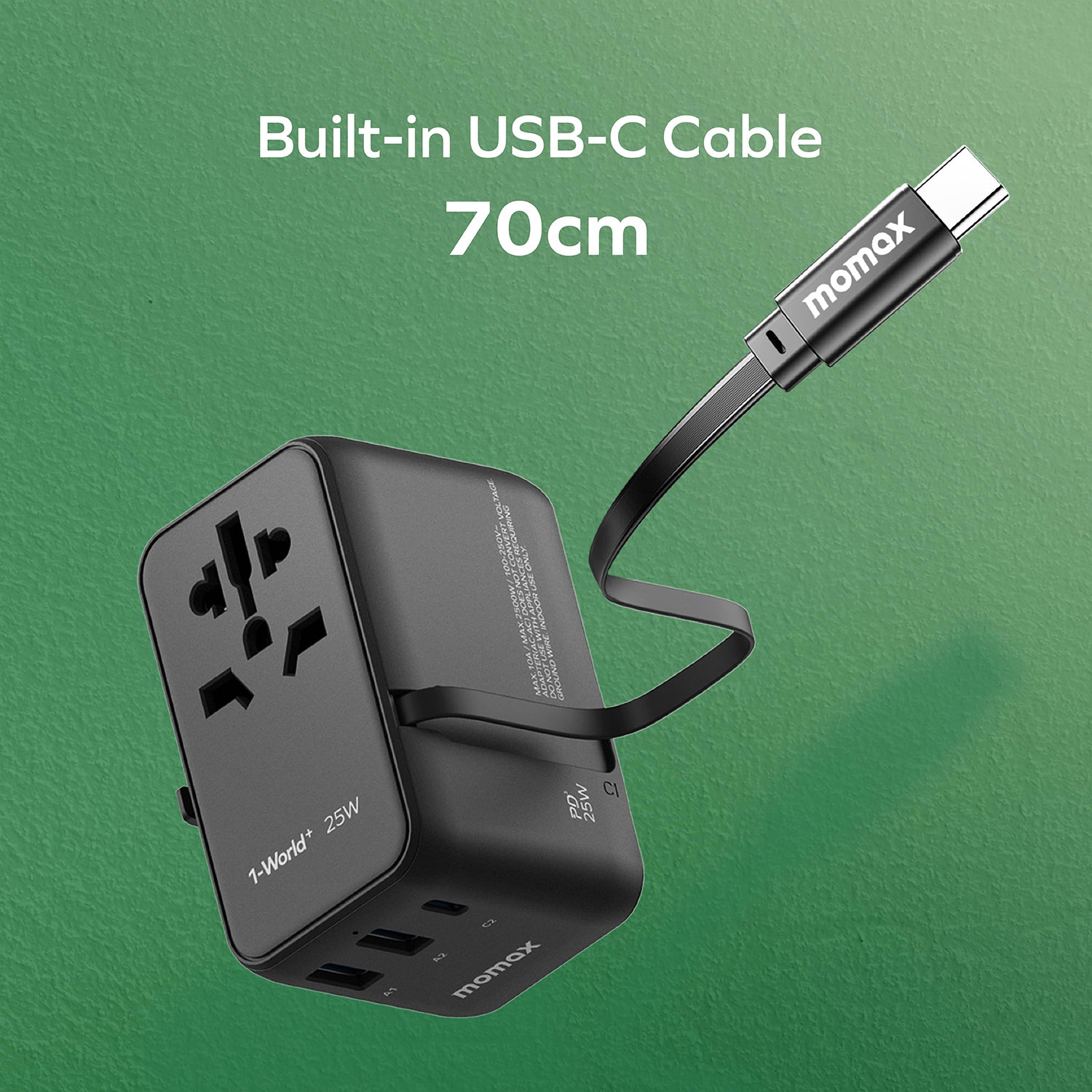 1-World+ | 3-Ports Travel Charger | Built-In USB-C Cable (25W)