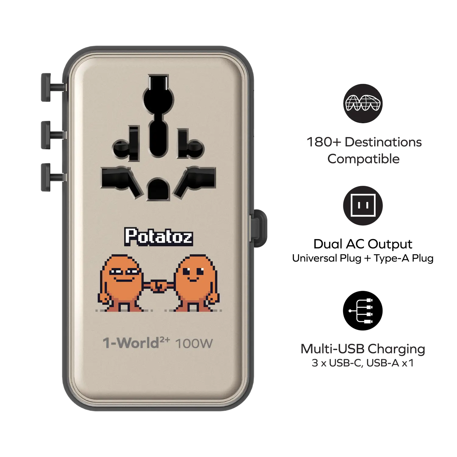 1-World²⁺ 4-Port Mini Universal Travel GaN Charger with Built-In Retractable Cable 100W with Dual AC - Limited Edition