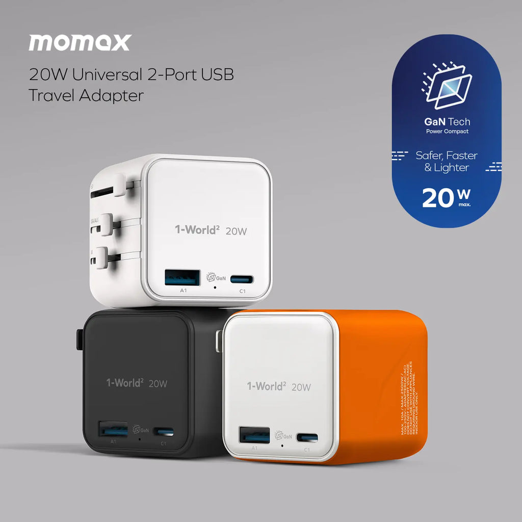 1-World² 2-Port USB-A and USB-C GaN Travel Charger 20W