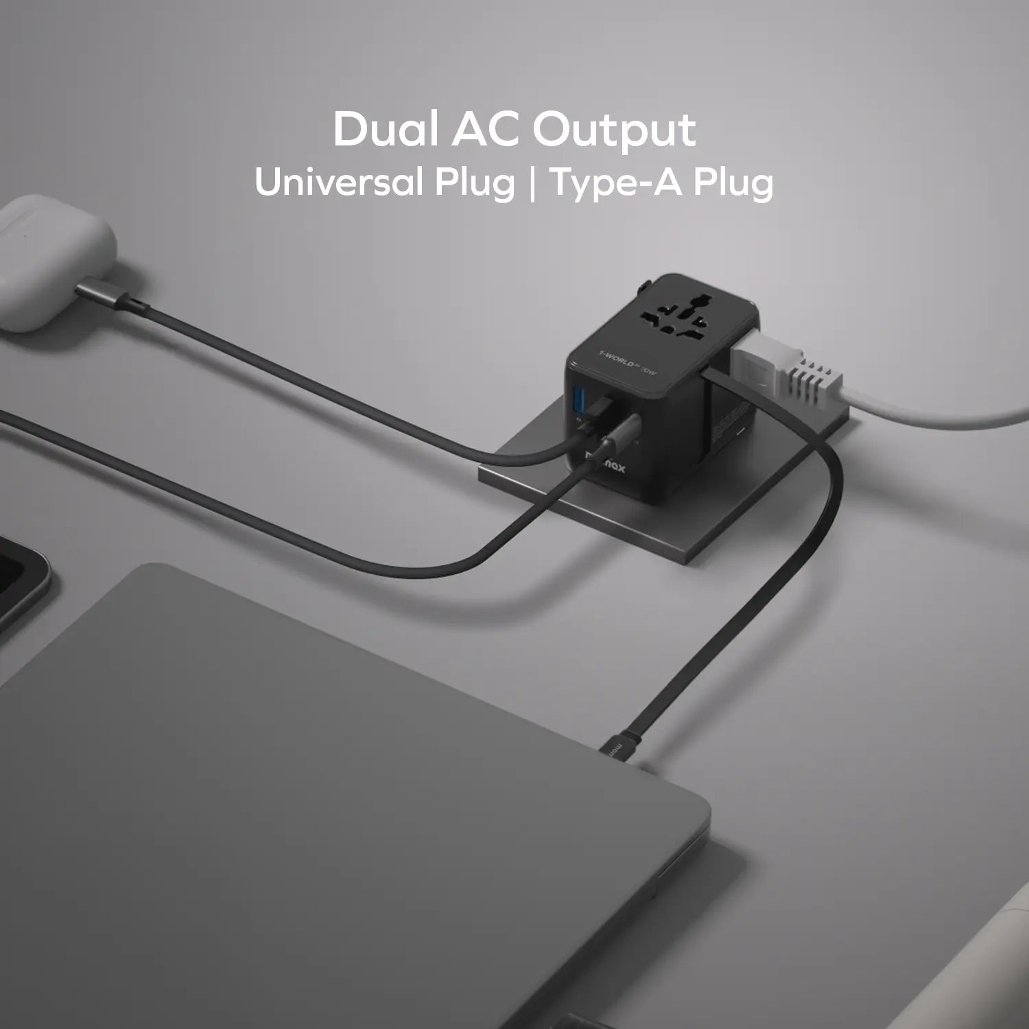 1-World²⁺
70W 3-Port Dual AC Travel Adapter with Built-In Retractable Cable