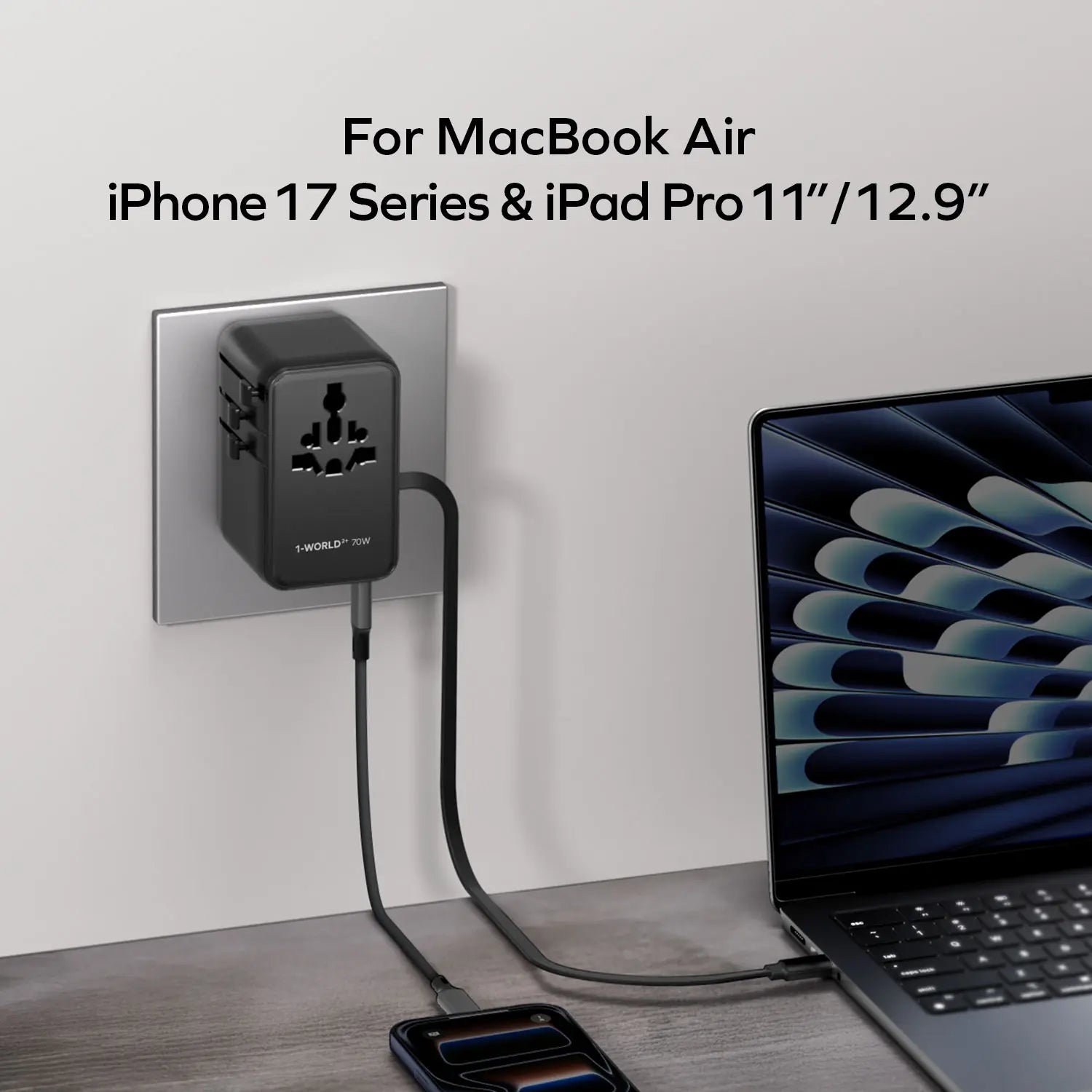 1-World²⁺
70W 3-Port Dual AC Travel Adapter with Built-In Retractable Cable