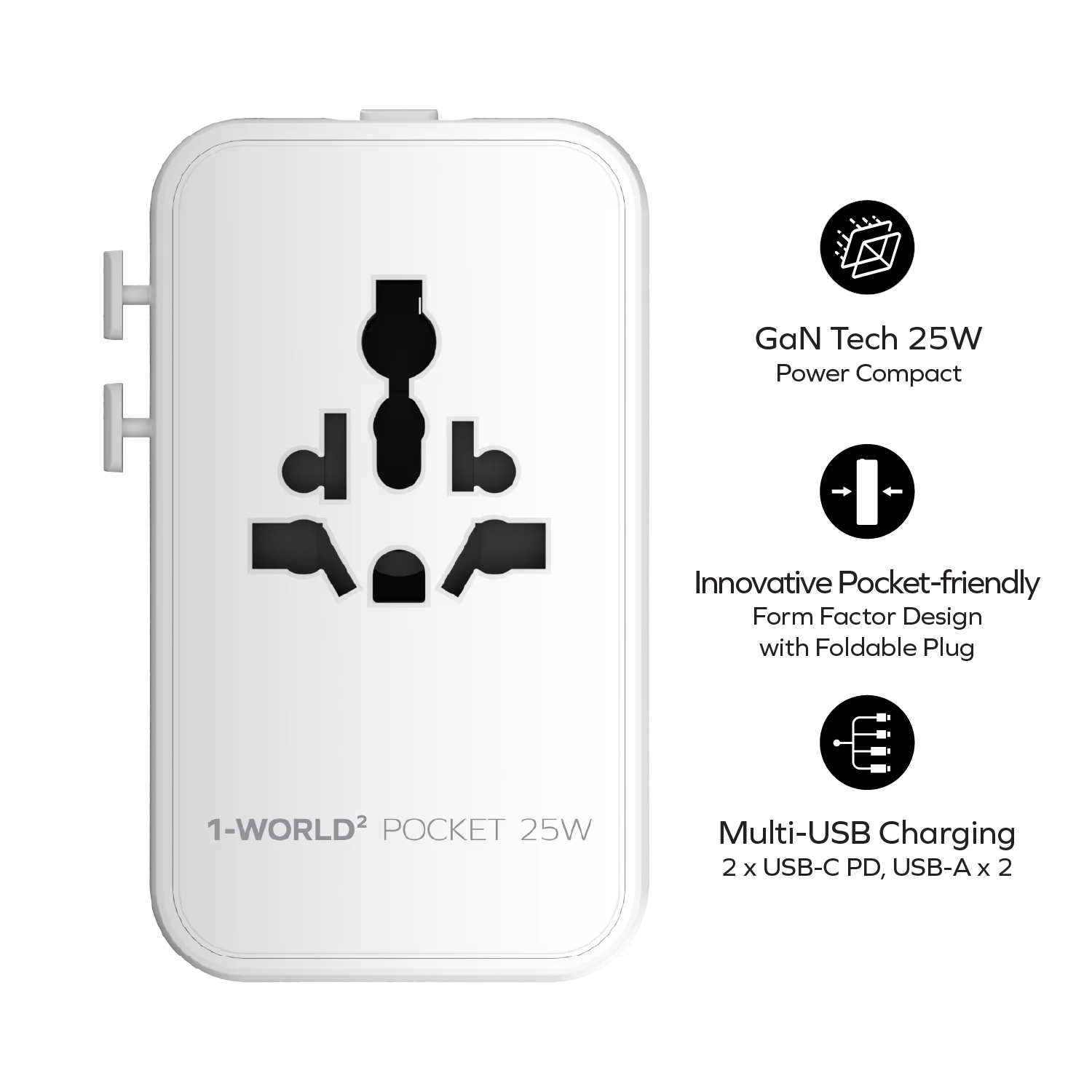 1-World² Pocket 25W 4-Port Dual AC Travel Adapter
