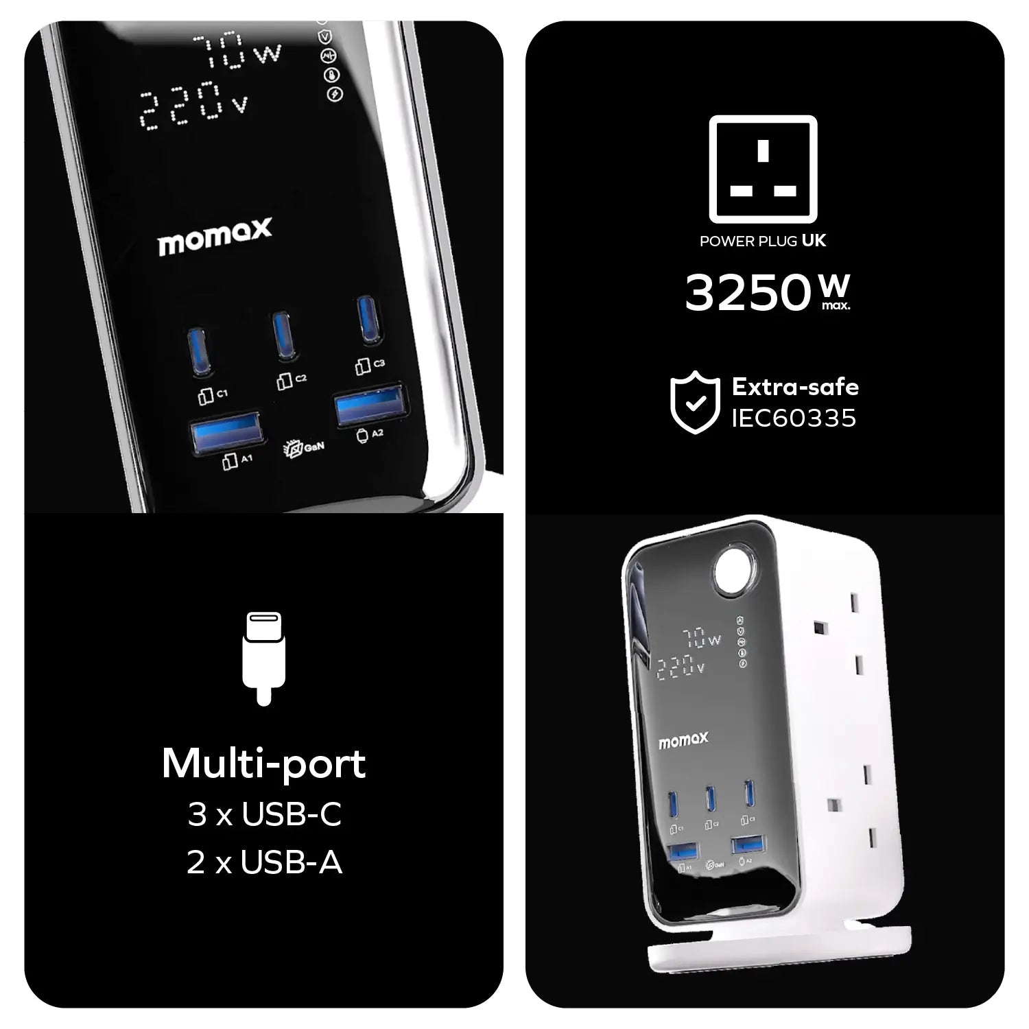 1-Charge Work Flow
6-Outlet Digital Display Power Tower with USB (70W)