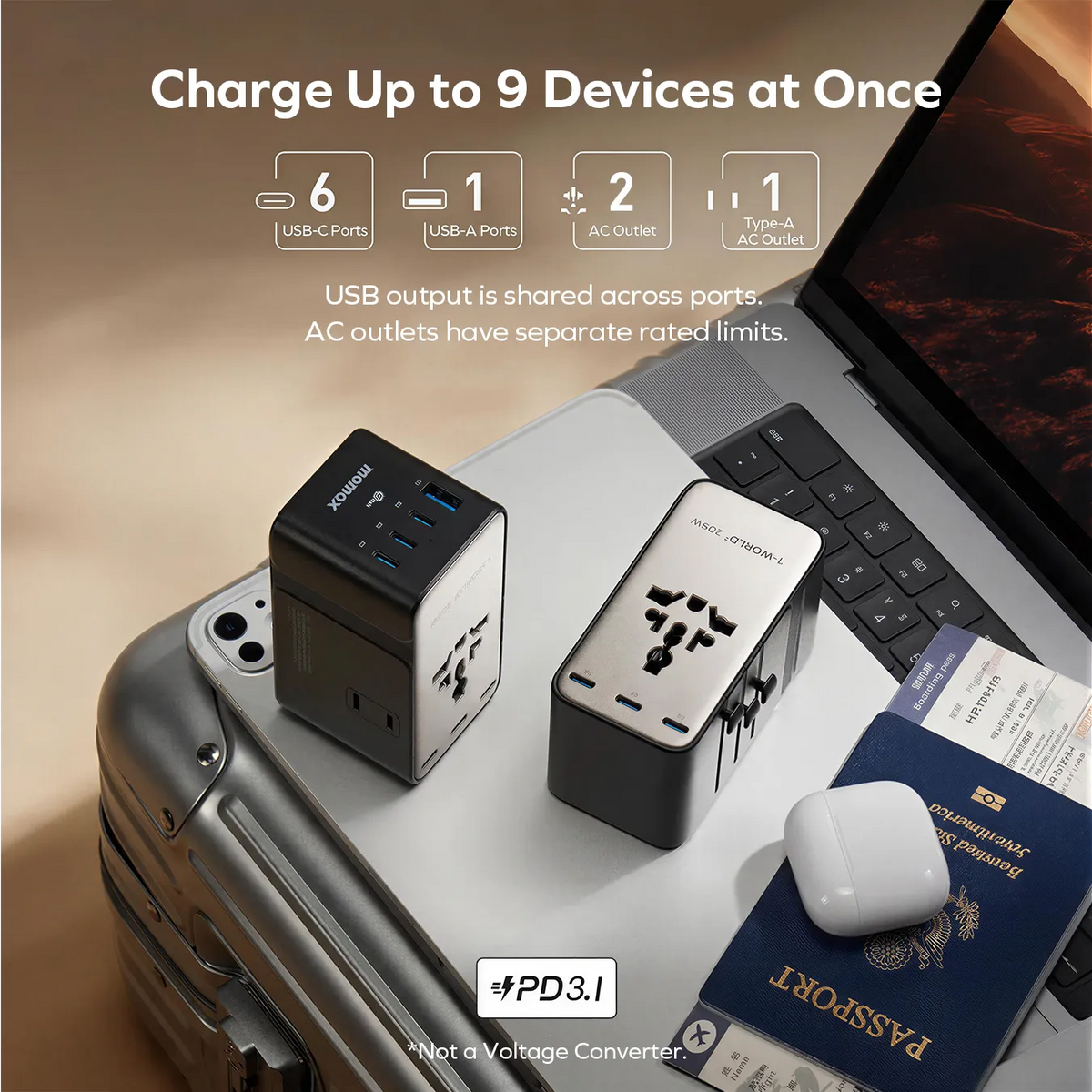 MOMAX 205W all in one adapter with PD 3.1, featuring six USB-C ports, one USB-A port and two AC outlets to charge up to nine devices.