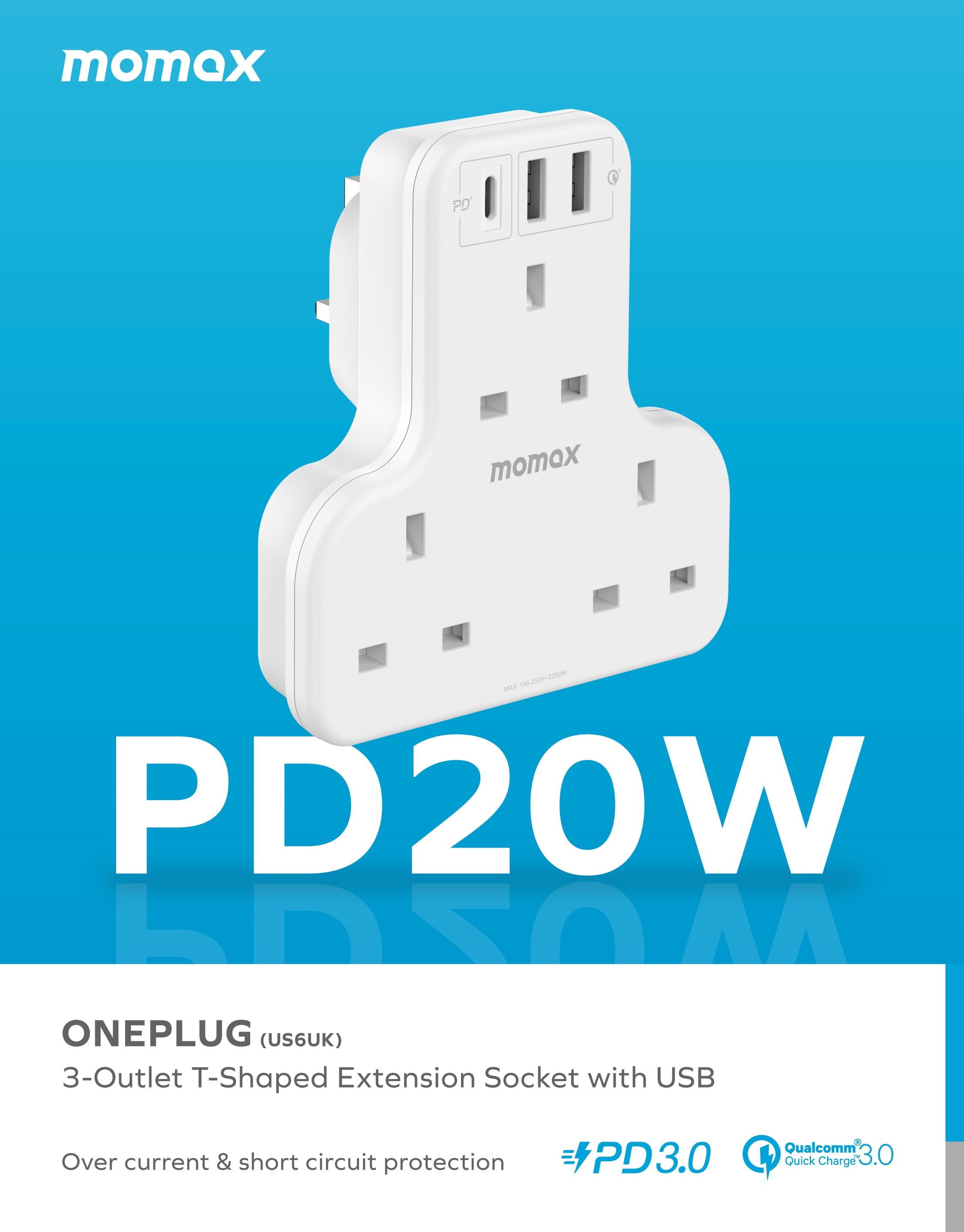 Oneplug | 3-Outlet T-Shaped Extension Socket With USB