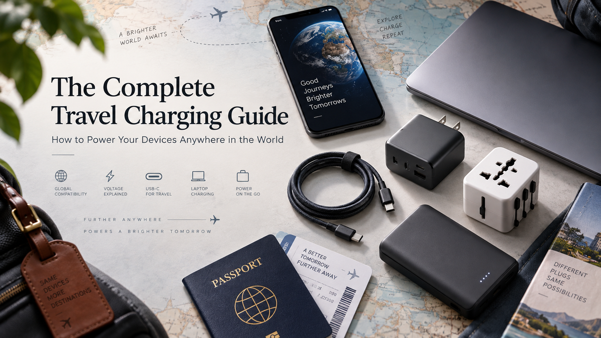 Travel charging guide hero showing a laptop, smartphone, USB-C cable, travel adapter, wall charger, power bank, passport and world map for international device charging.