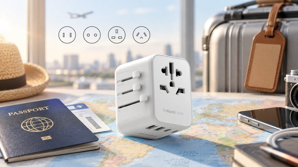 Travel adapter on a world map with passport and international plug types