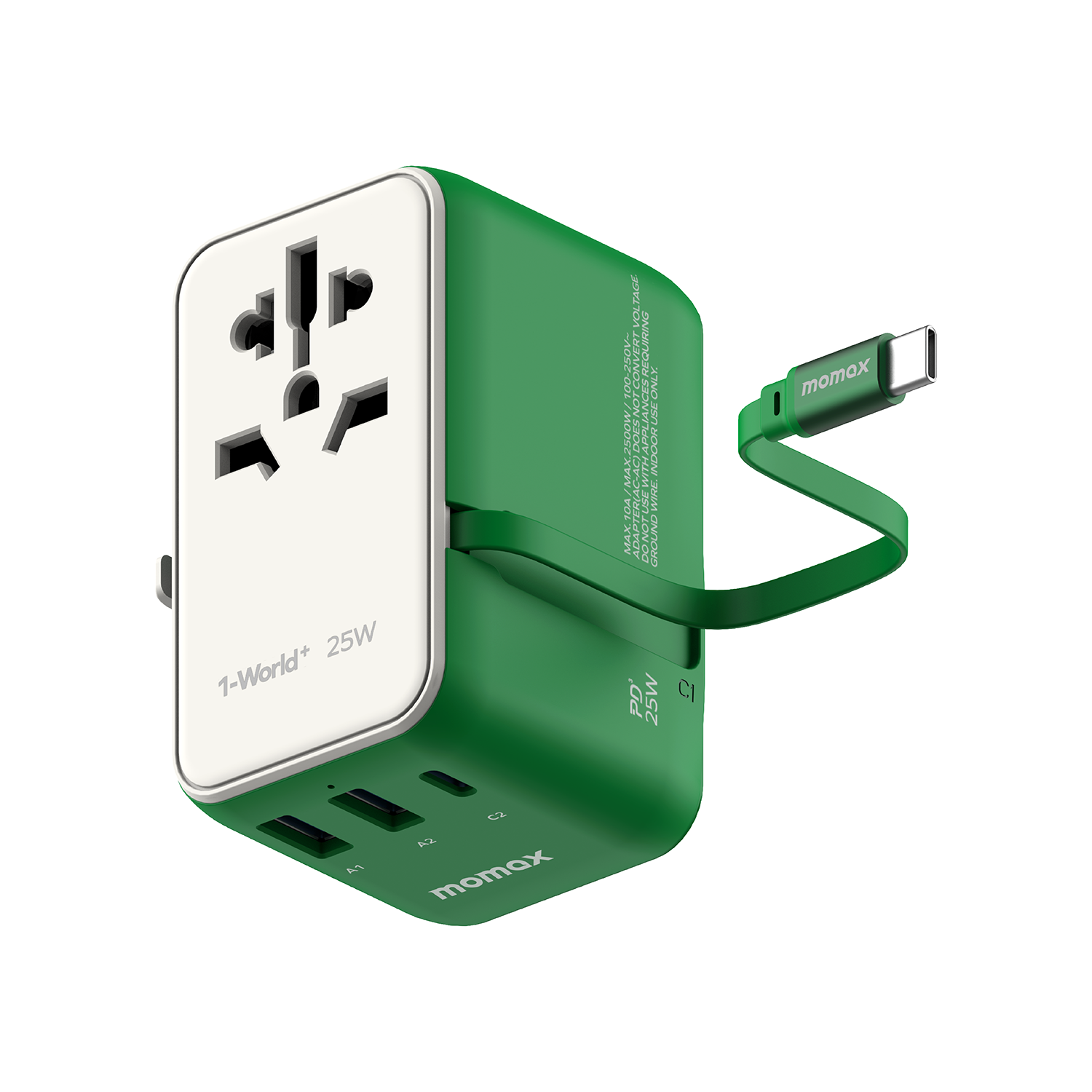 1-World+ 3-Port Travel Charger Built-In USB-C Cable 25W