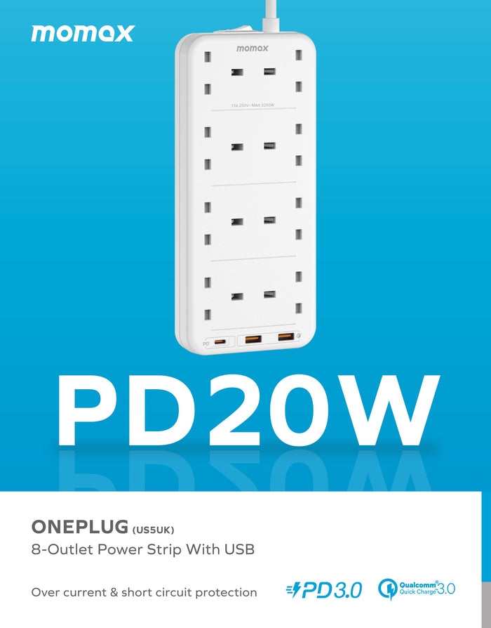 Momax US5UKE Oneplug 8-Outlet Power Strip With USB description image
