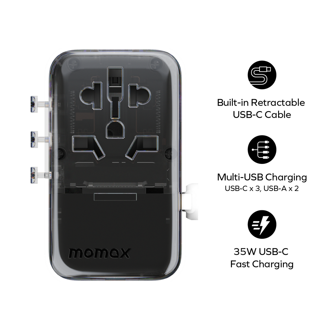 1-World+ Flow 4-Port Travel Charger With Built-In USB-C Cable 35W