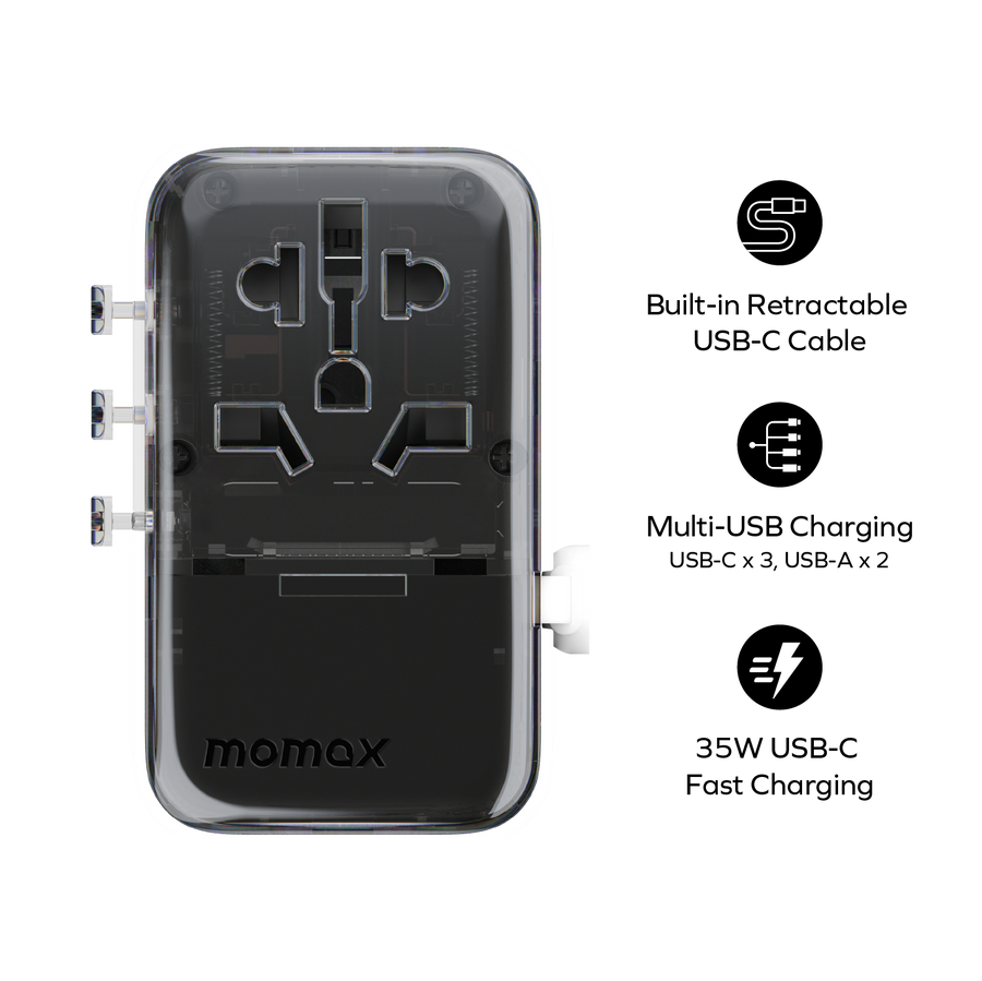 1-World+ Flow 4-Port Travel Charger With Built-In USB-C Cable 35W