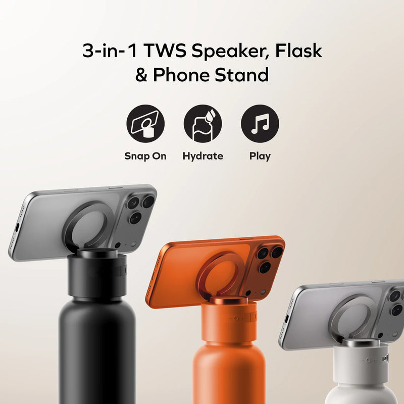 a group of water bottles with a phone on the stand