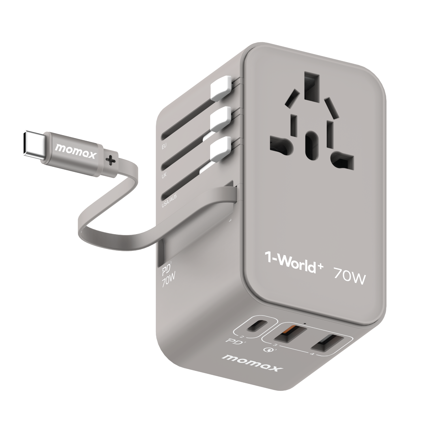 1-World+ 3-Port Travel GaN Charger With Built-in USB-C Cable 70W