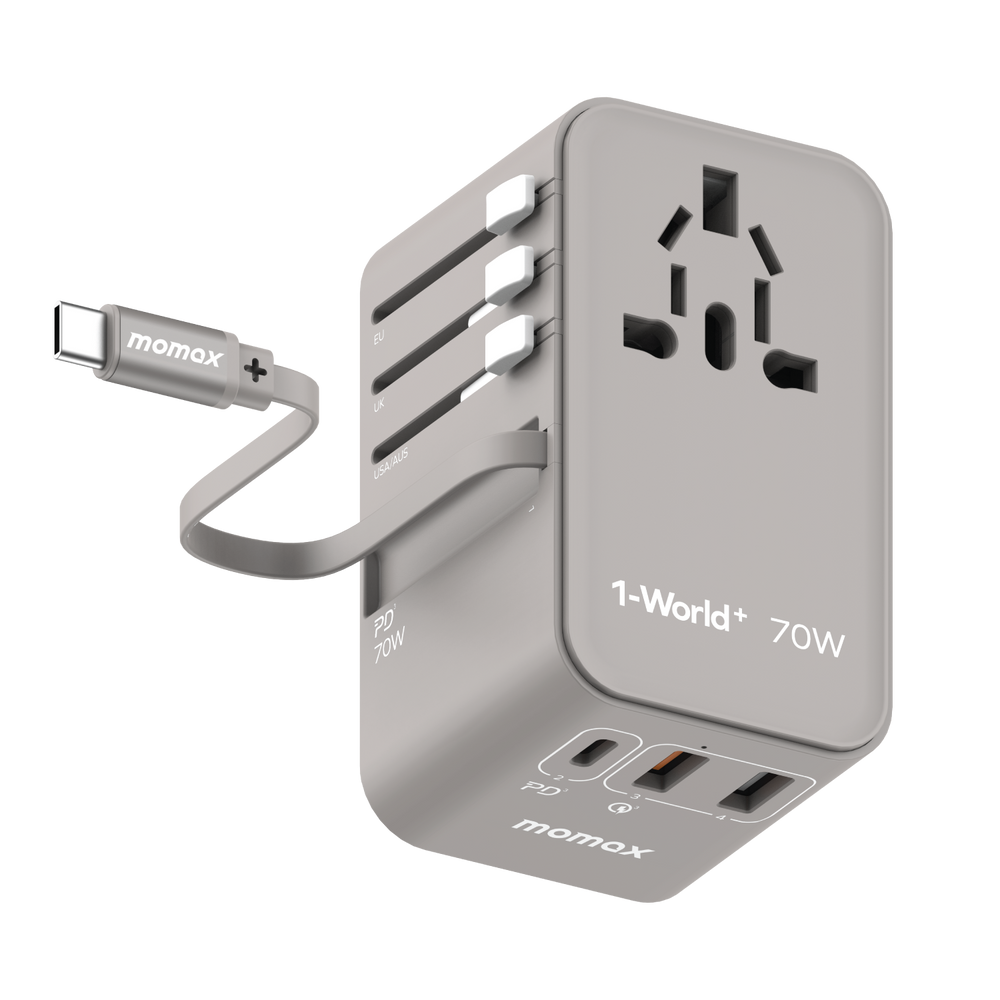 1-World+ 3-Port Travel GaN Charger With Built-in USB-C Cable 70W