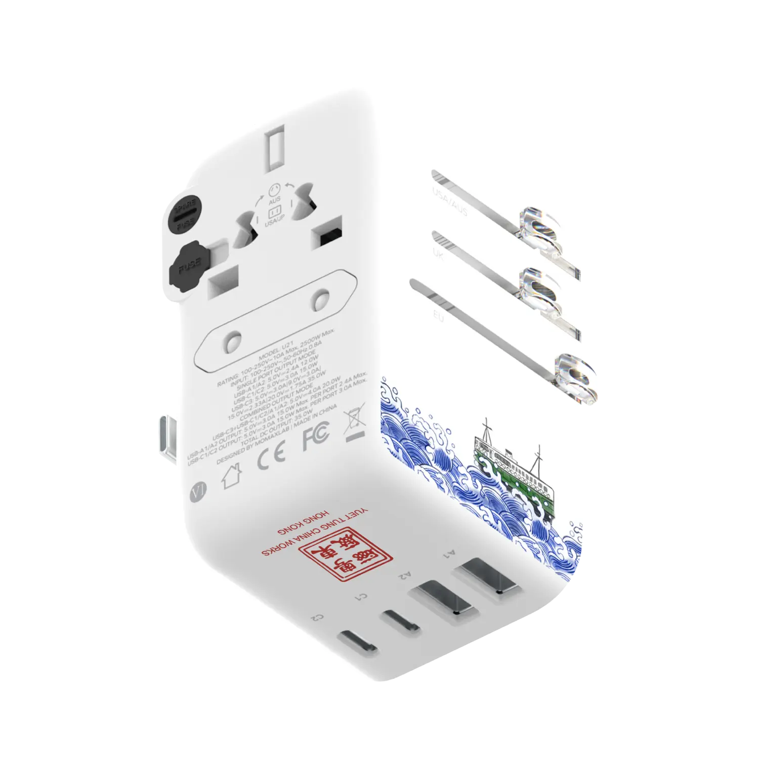 1-World+ Flow 4-Port Travel Charger With Built-In USB-C Cable 35W - Yuet Tung