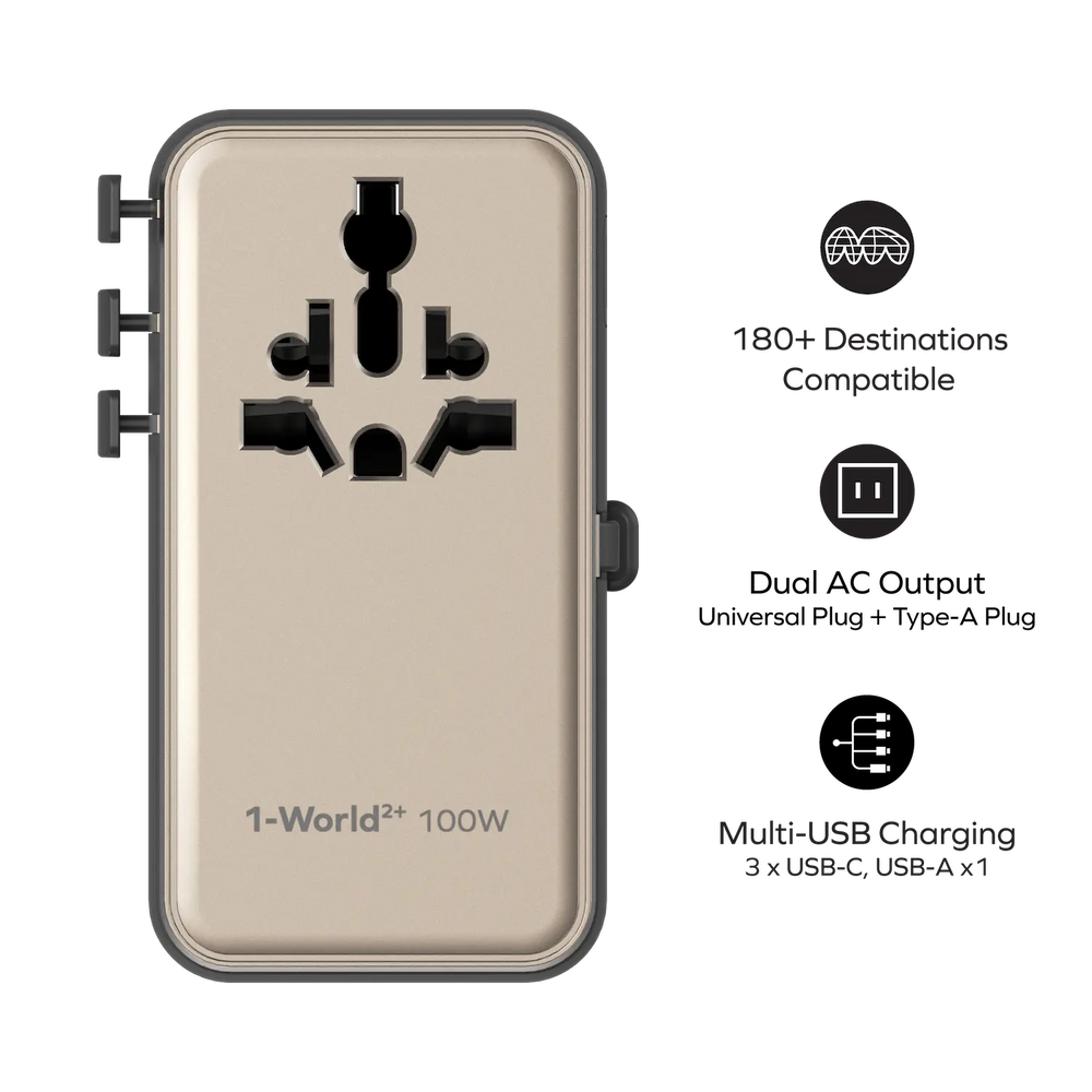 1-World²⁺ 4-Port Mini Universal Travel GaN Charger with Built-In Retra