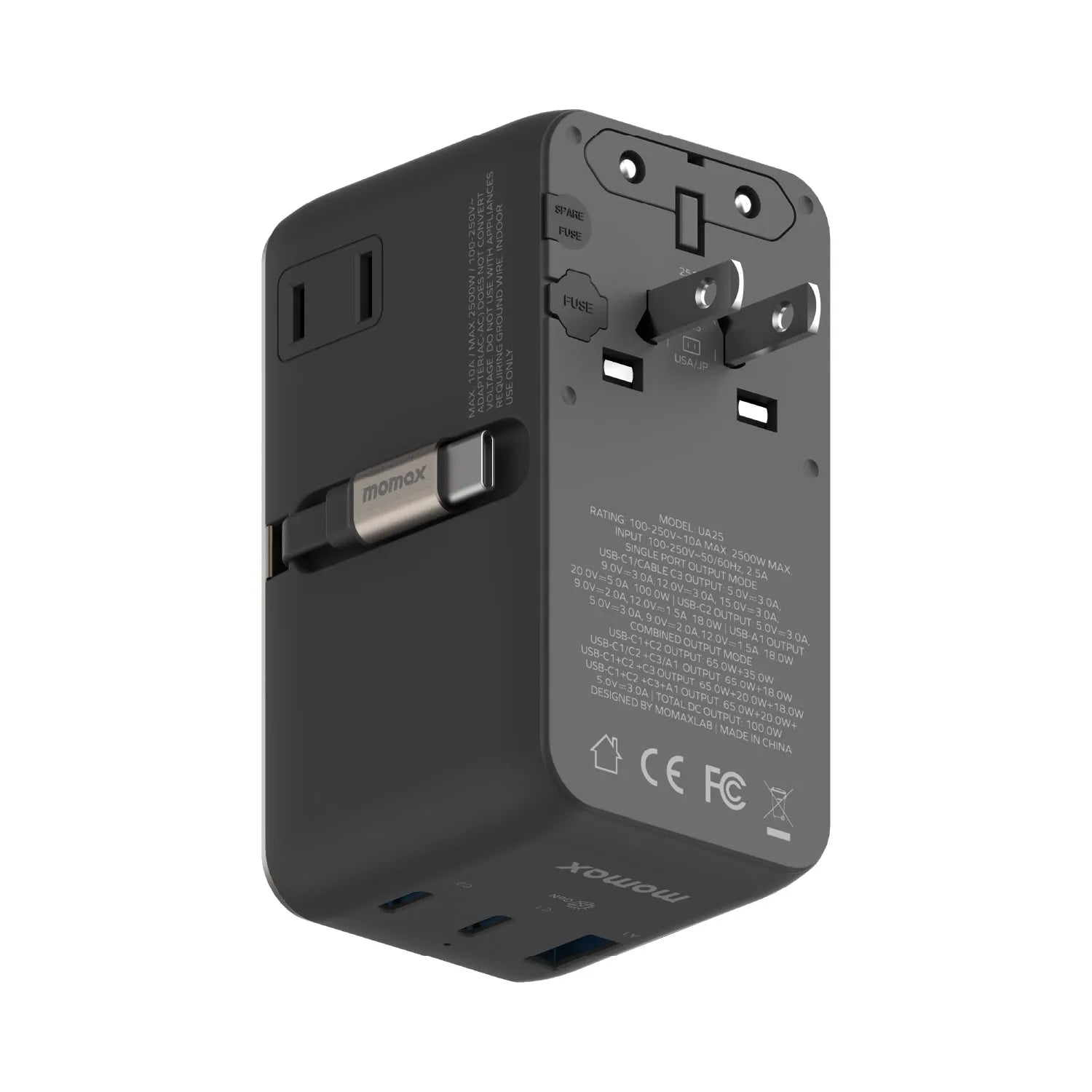 1-World²⁺ 4-Port Mini Universal Travel GaN Charger with Built-In Retractable Cable 100W with Dual AC - Limited Edition