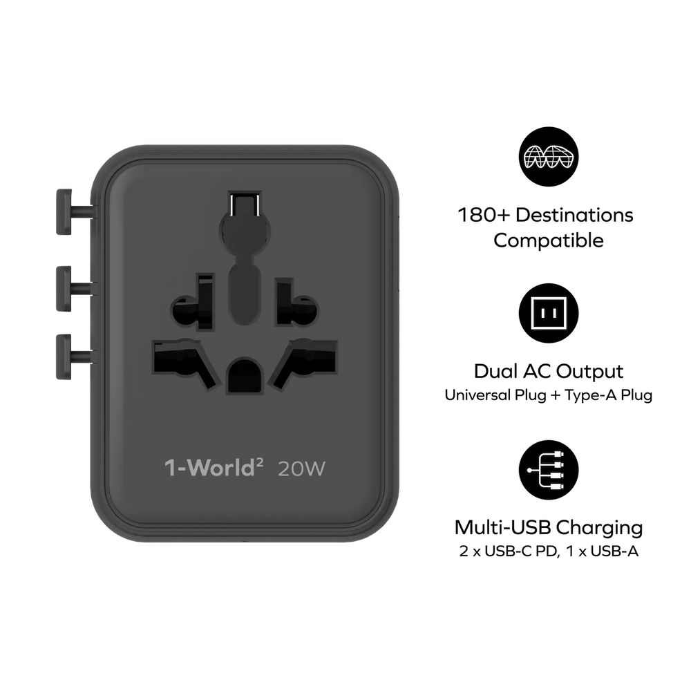 1-World² 3-Port Mini Universal Travel GaN Charger 20W with