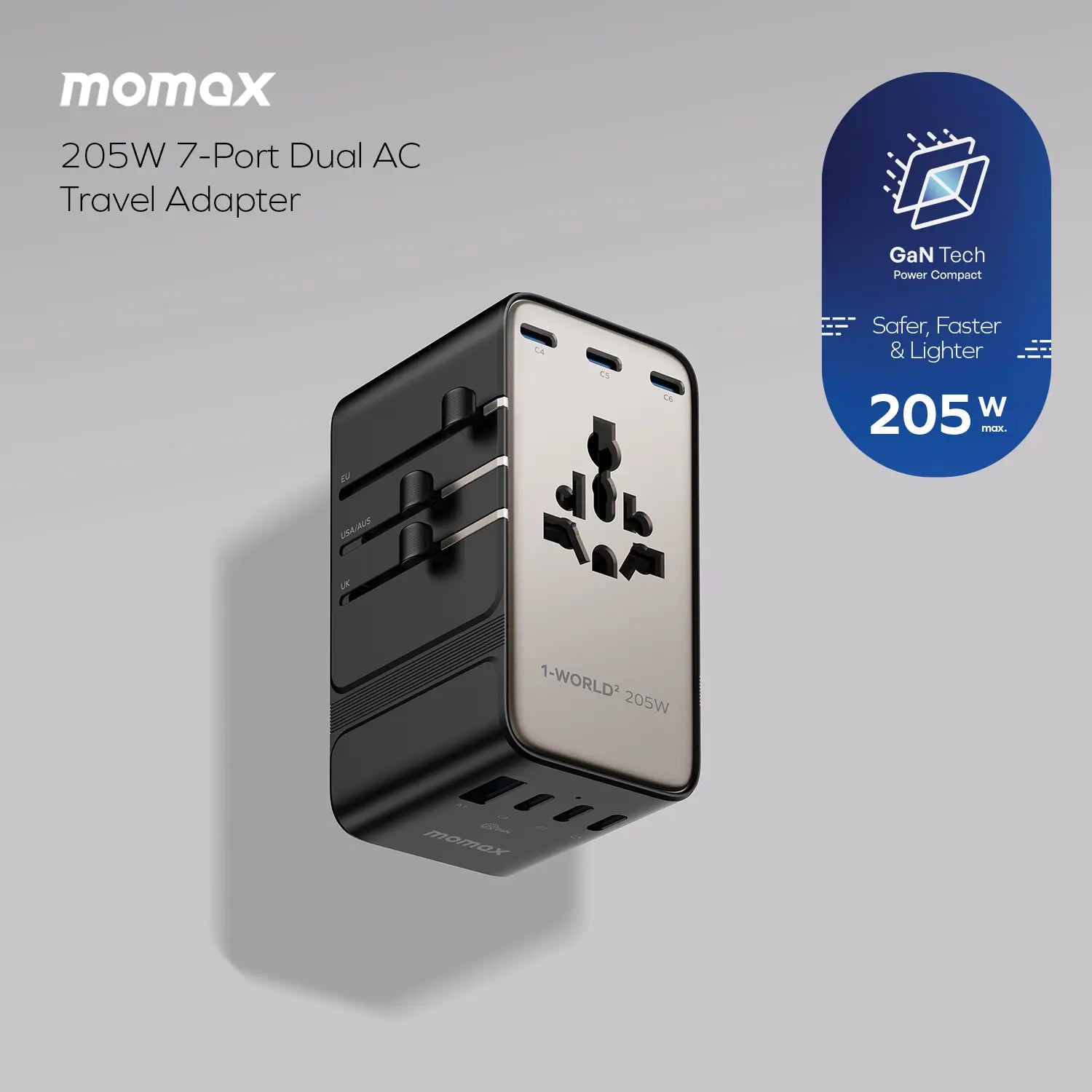1-World² 205W 7-Port Dual AC Travel Adapter