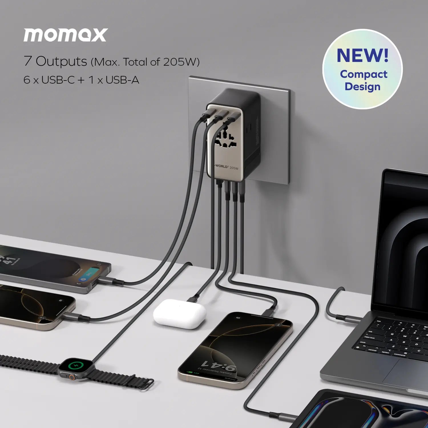 1-World² 205W 7-Port Dual AC Travel Adapter