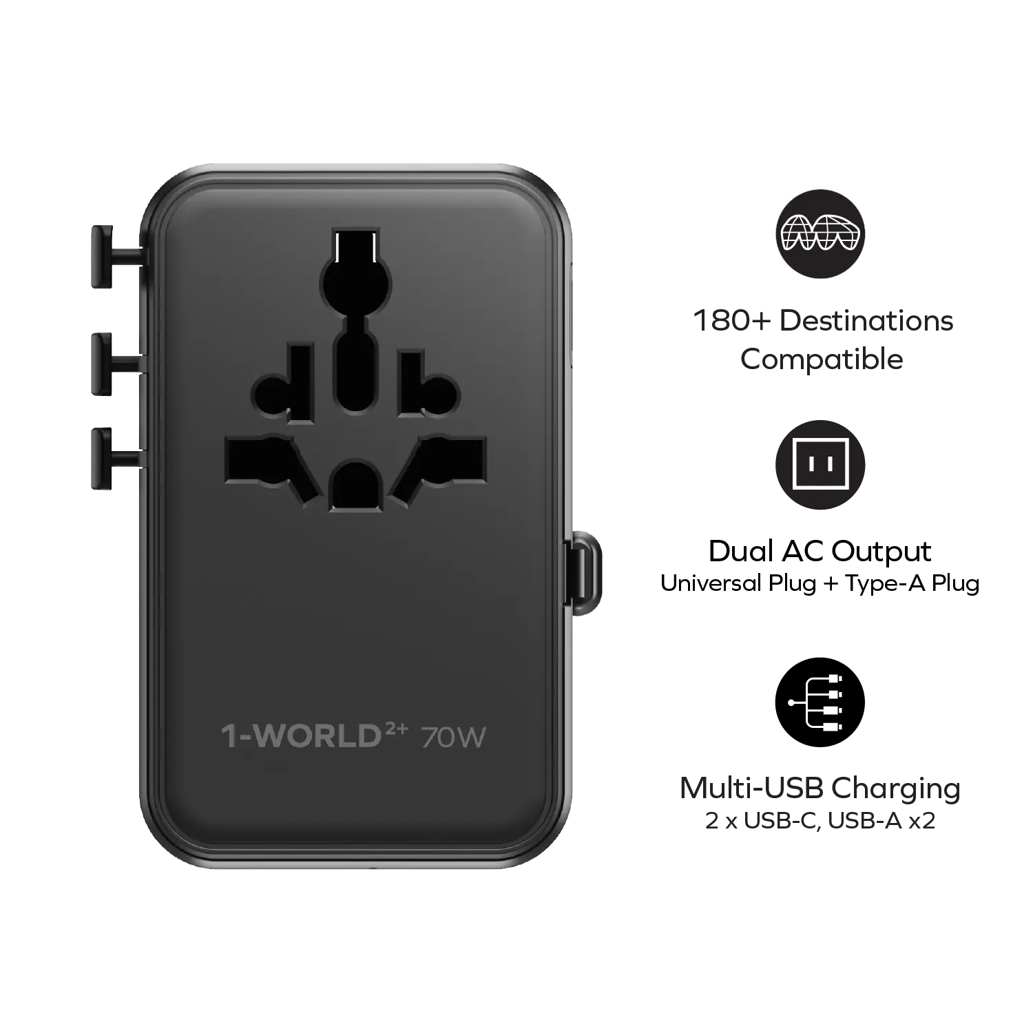 1-World²⁺ 70W 3-Port Dual AC Travel Adapter with Built-In Retractable Cable