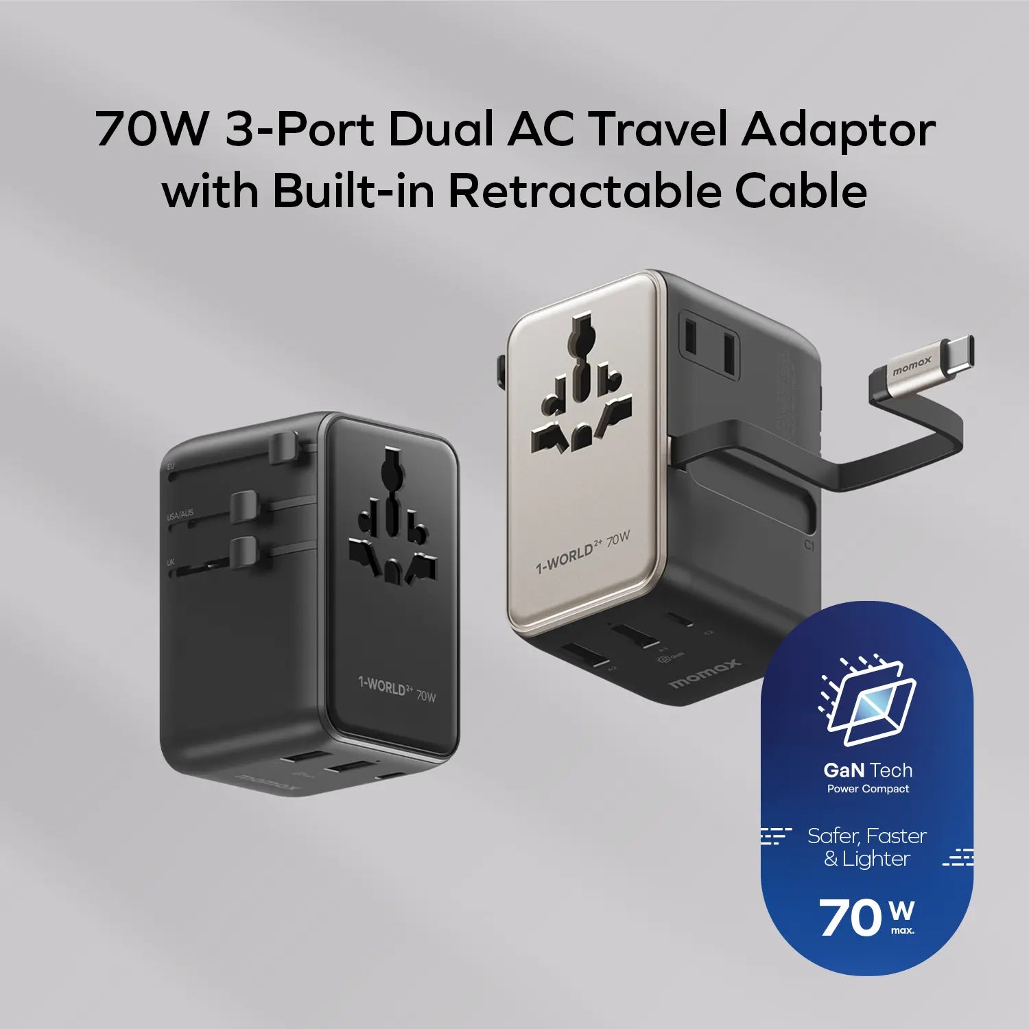 1-World²⁺ 70W 3-Port Dual AC Travel Adapter with Built-In Retractable Cable