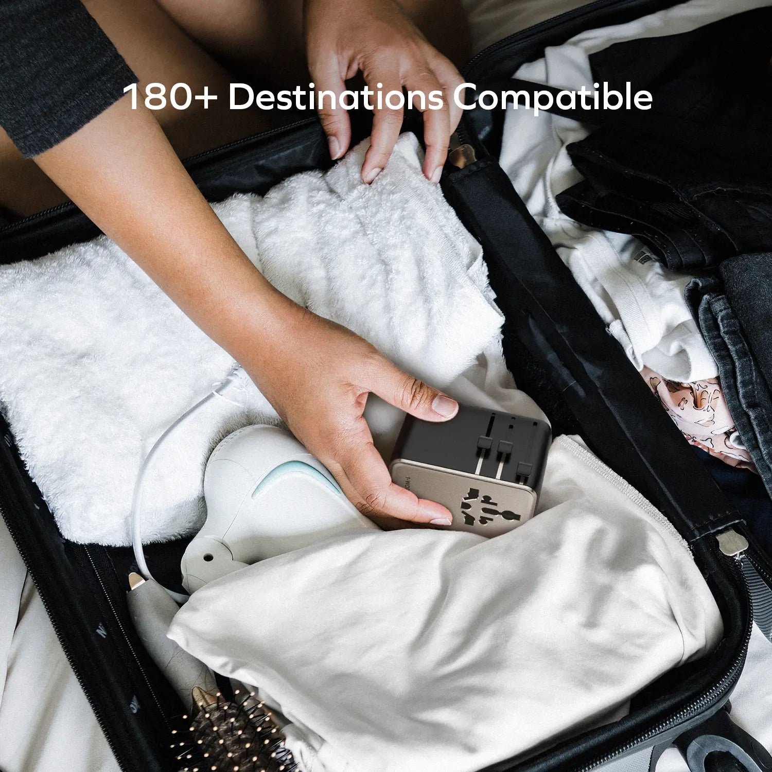 1-World²⁺ 70W 3-Port Dual AC Travel Adapter with Built-In Retractable Cable