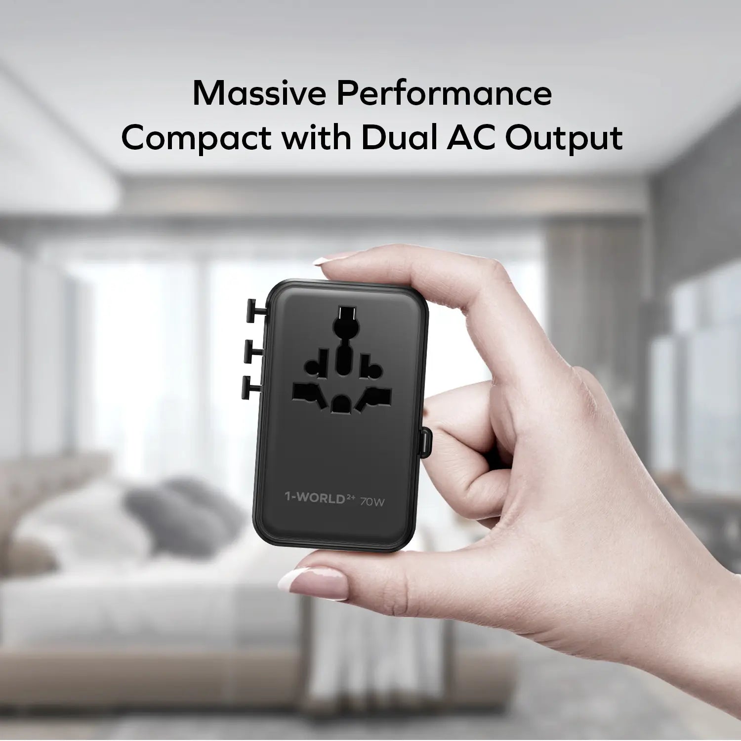 1-World²⁺ 70W 3-Port Dual AC Travel Adapter with Built-In Retractable Cable