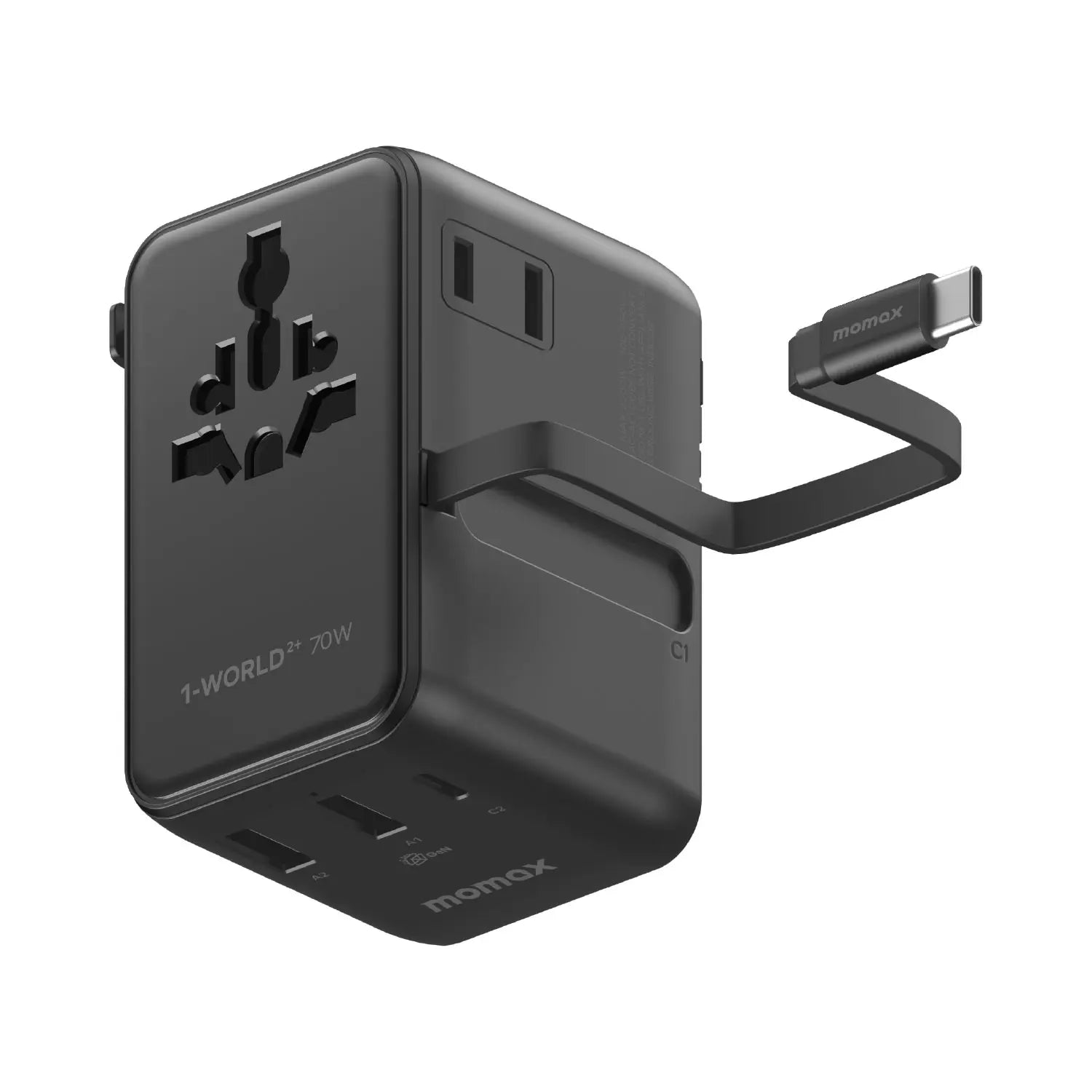 1-World²⁺ 70W 3-Port Dual AC Travel Adapter with Built-In Retractable