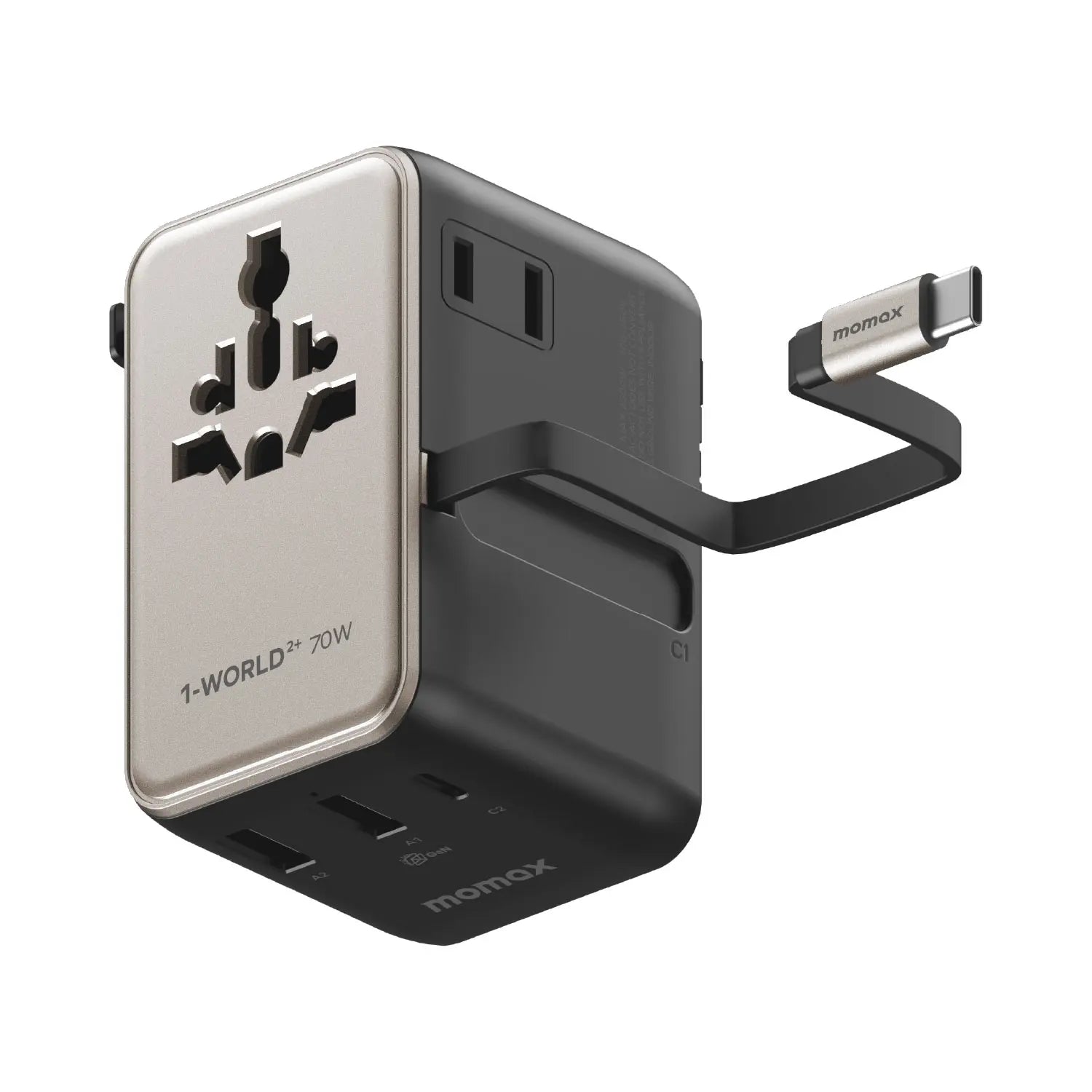 1-World²⁺ 70W 3-Port Dual AC Travel Adapter with Built-In Retractable