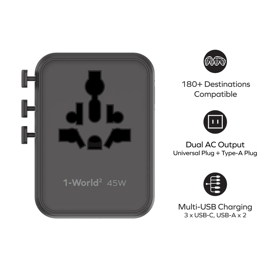 1-World² 45W 5-Port Dual AC Travel Adapter