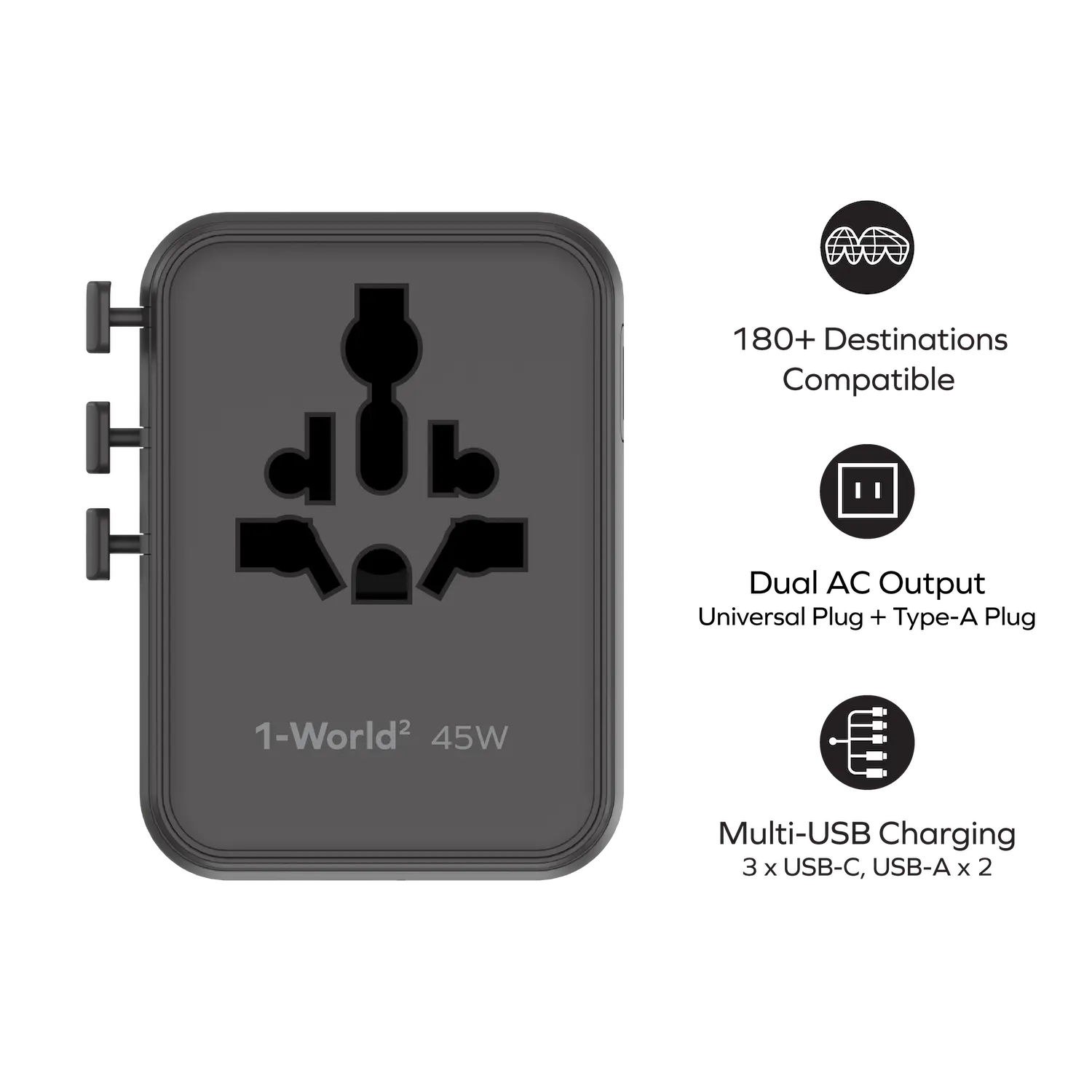 1-World² 45W 5-Port Dual AC Travel Adapter