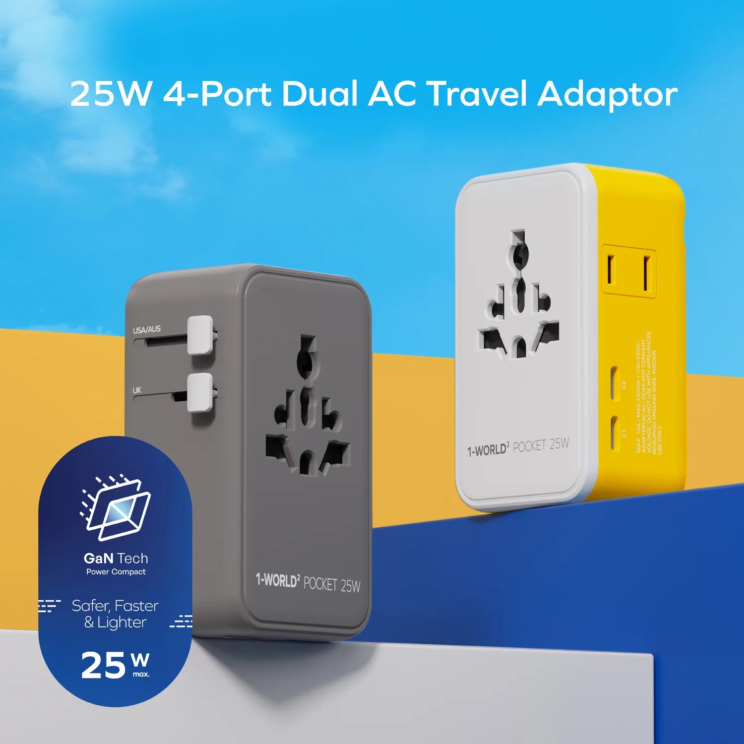 1-World² Pocket 25W 4-Port Dual AC Travel Adapter