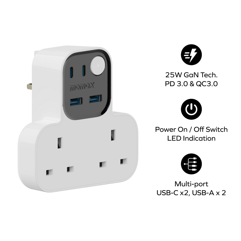 1-Charge Work Flow T-Shaped Extension Cord With 2 Sockets, 2 USB-A and