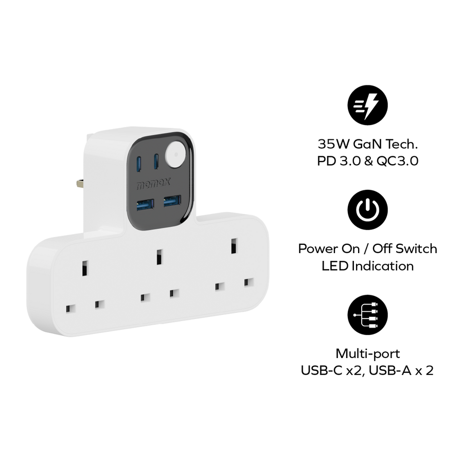 1-Charge Work Flow T-Shaped Extension Cord With 3 Sockets, 2 USB-A and 2 USB-C Ports