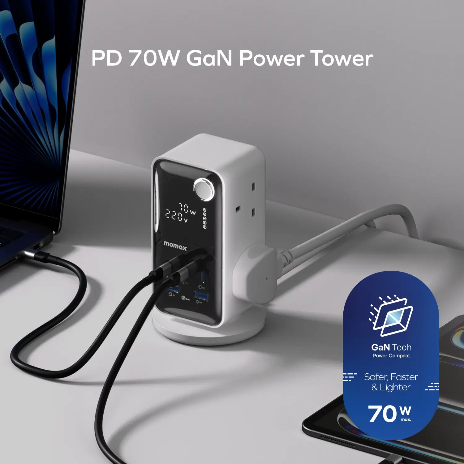 1-Charge Work Flow 6-Outlet Digital Display Power Tower with USB (70W)