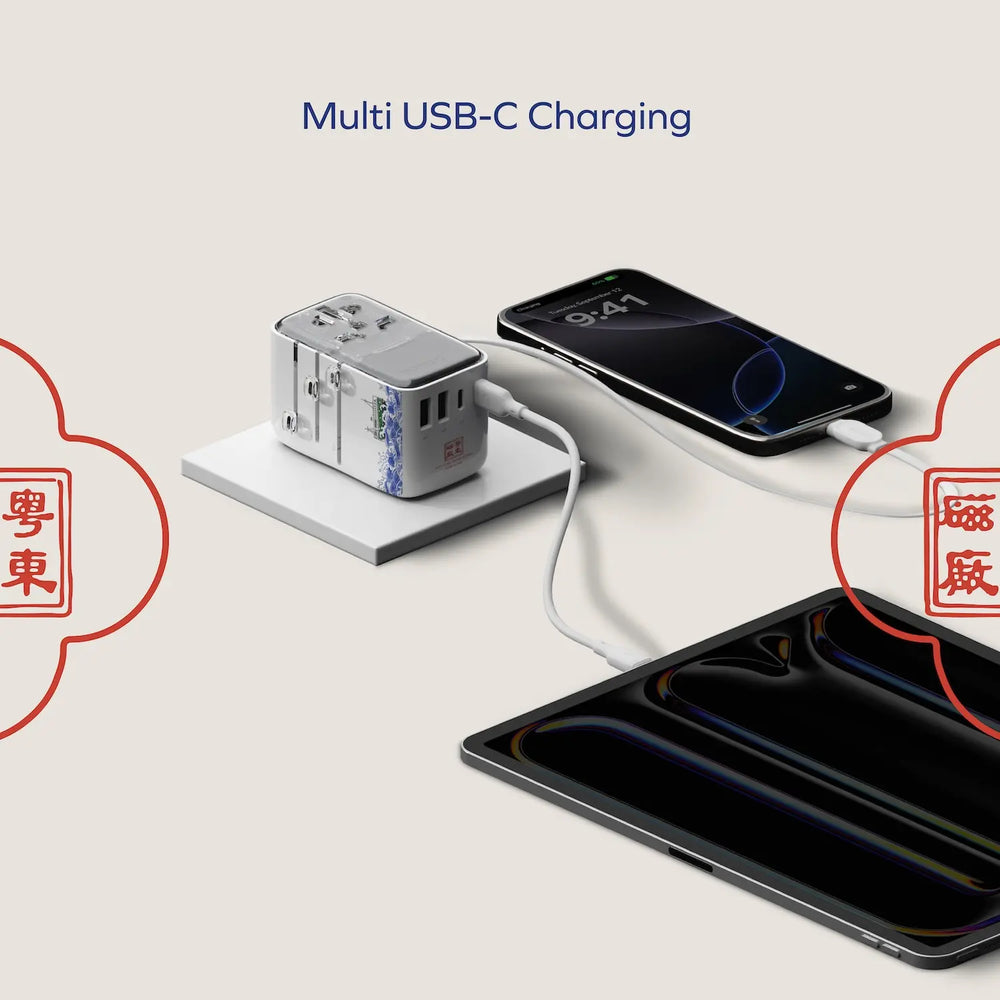 1-World+ Flow 4-Port Travel Charger With Built-In USB-C Cable 35W - Yu