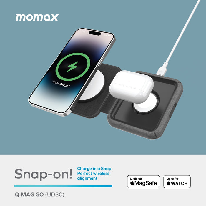 Momax UD30 Q.Mag Go 2-in-1 MagSafe 15W Wireless Charger description image