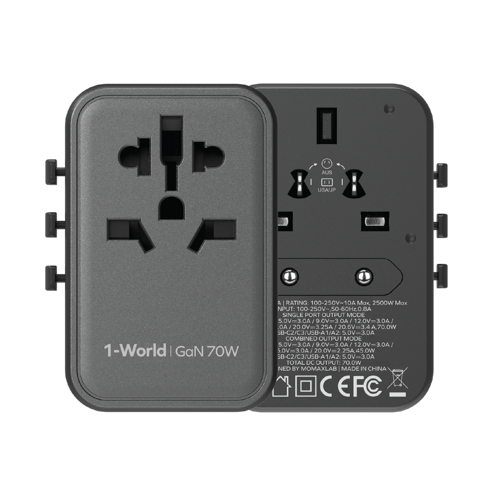 1-World Universal 5-Port Travel GaN Charger 70W