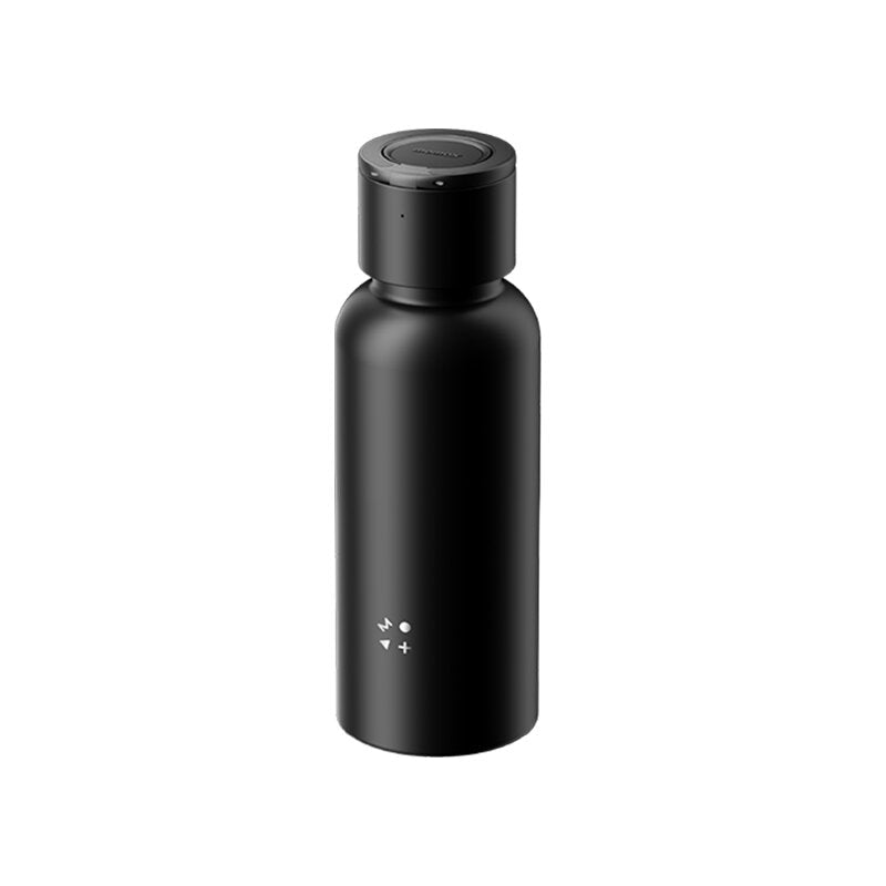 Front view of the MOMAX 1-Vibe 500ml black speaker water bottle with a detachable Bluetooth speaker on top.