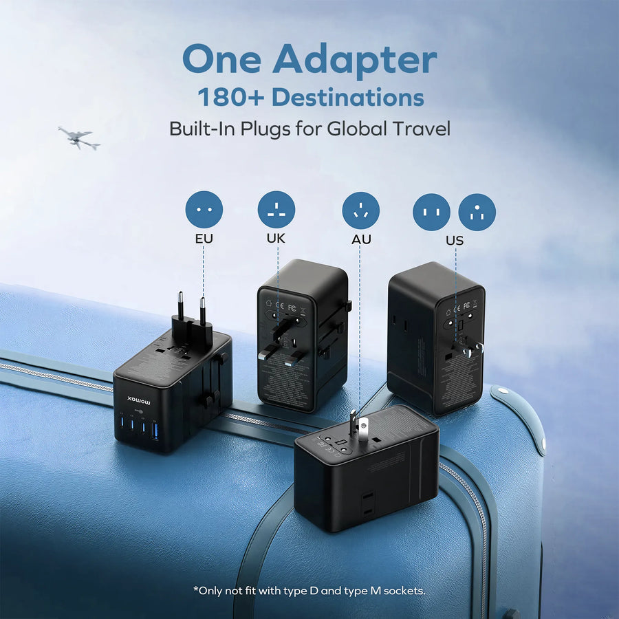 MOMAX 205W all in one adapter showing interchangeable EU, UK, AU and US plug configurations for travel across 180+ destinations.