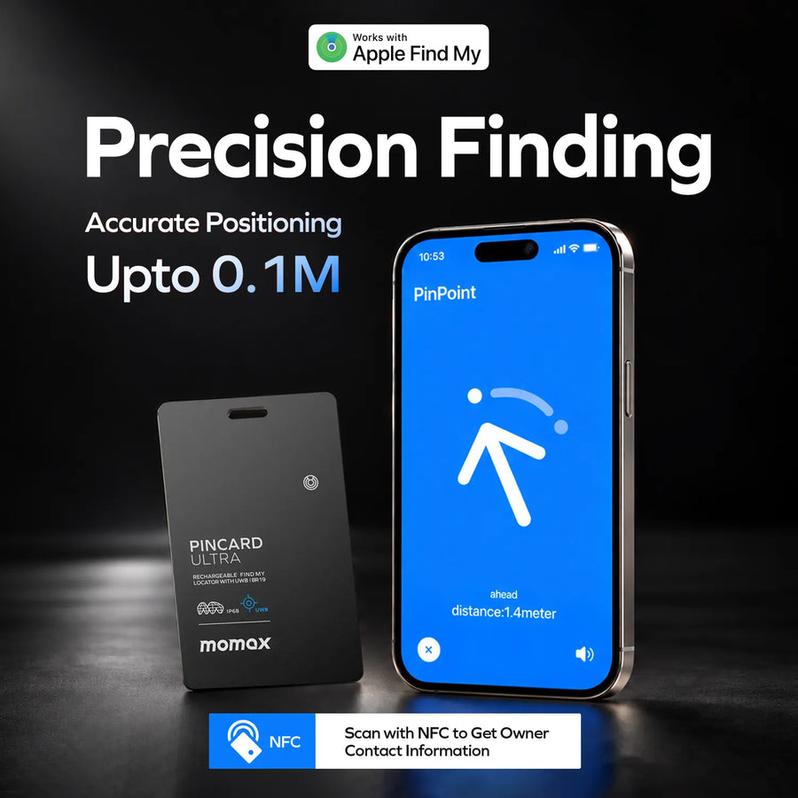Momax PinCard Ultra UWB credit card sized tracker with Apple Find My precision finding, showing directional tracking on an iPhone.