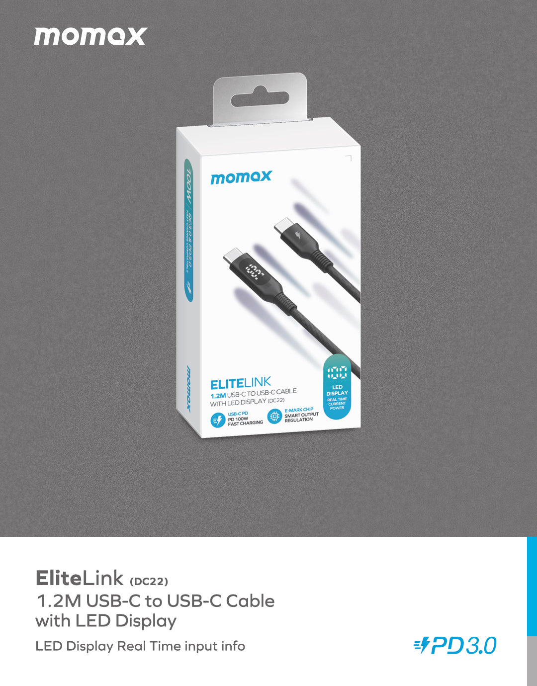 EliteLink | USB-C to USB-C Braided LED Display Cable 100W (1.2m)